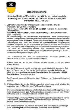 Bekanntmachung  über das Recht auf Einsicht in das Wählerverzeichnis und die Erteilung von Wahlscheinen für die Wahl zum Europäischen Parlament am 9. Juni 2024