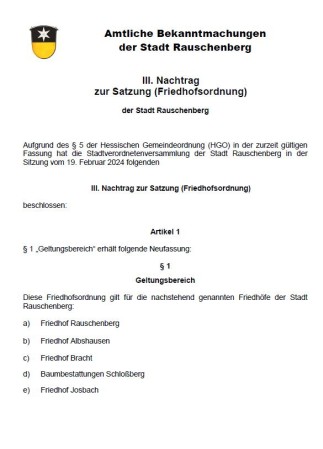 Amtliche Bekanntmachungen der Stadt Rauschenberg   III. Nachtrag  zur Satzung (Friedhofsordnung)  der Stadt Rauschenberg