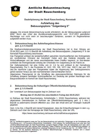 Amtliche Bekanntmachung - Bauleitplanung der Stadt Rauschenberg, Kernstadt Aufstellung des Bebauungsplans "Galgenberg II"