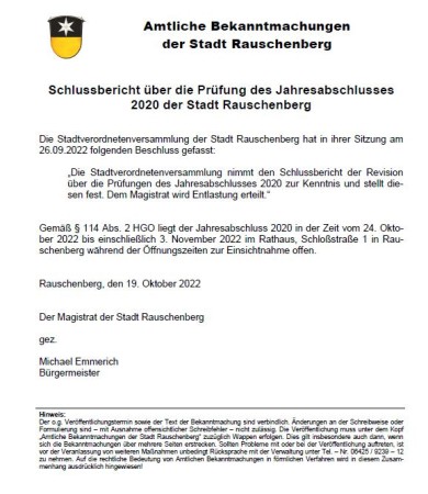 Bild: Schlussbericht über die Prüfung des Jahresabschlusses 2020 der Stadt Rauschenberg