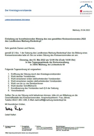 Einladung zur konstituierenden Sitzung des neu gewählten Kreisseniorenrates 2022 des Landkreises Marburg-Biedenkopf