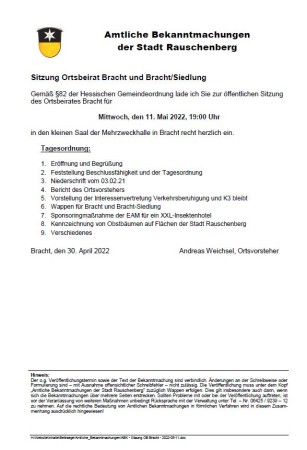 Sitzung Ortsbeirat Bracht und Bracht/Siedlung am 11. Mai 2022