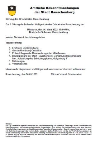 Einladung zur öffentlichen Sitzung des Ortsbeirates Rauschenberg am 16.03.2022