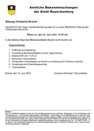 Sitzung Ortsbeirat Bracht am 29.06.2022