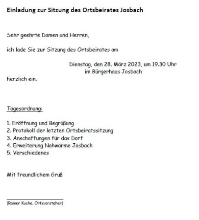 Einladung zur Sitzung des Ortsbeirats Josbach am 28.03.2023