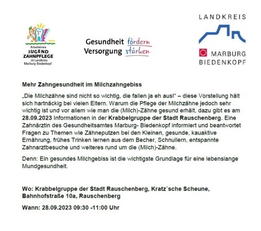 Mehr Zahngesundheit im Milchzahngebiss: Informationen in der Krabbelgruppe der Stadt Rauschenberg am 28.09.2023