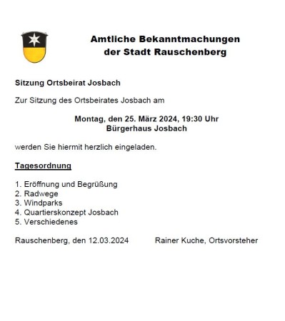 Öffentliche Sitzung des Ortsbeirates Josbach am 25.03.2024