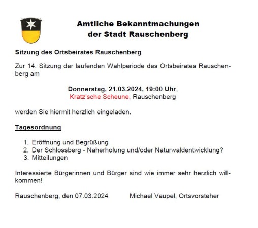Sitzung des Ortsbeirates Rauschenberg am 21.03.2024