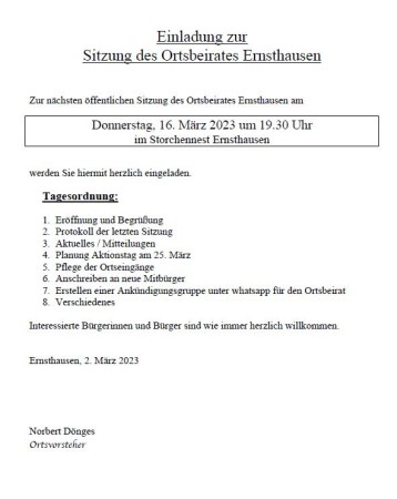 Einladung zur Sitzung des Ortsbeirats Ernsthausen am 16.03.2023