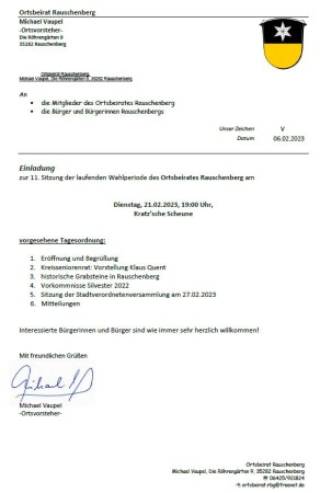 Ortsbeirat Rauschenberg: Einladung zur öffentlichen Sitzung am 21.02.2023